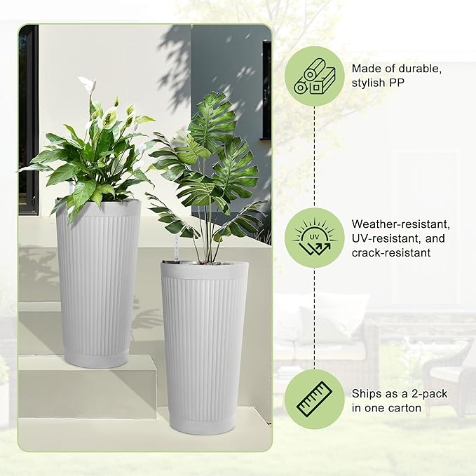 24" Tall Self Watering Planters for Indoor Plants, 2 Pack Large Plastic Outdoor Planter Pots with Built-In Water Reservoir and Level Indicator, Decorative Modern Flower Pots for Home & Patio (White)