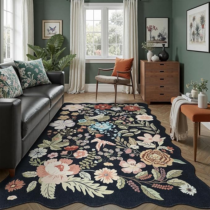 DCX Black Floral Rug 5x7, Washable Black Rug for Living Room, Kid & Pet Friendly with Rubber Back Non Slip, Soft Low Pile Carpet, Stain Resistant Rug for Bedroom, Nursery, Dining Room