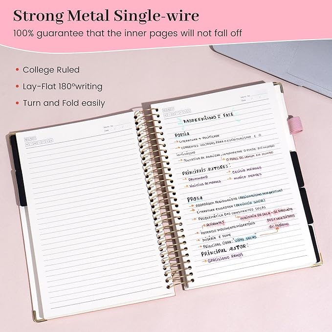 FLYING EAGLE Leather Spiral Notebooks for Work 5 Subject Notebook College Ruled with Dividers Pen, 360 Pages B5 Hardcover Lined Journals for Women Men Writing,Pink