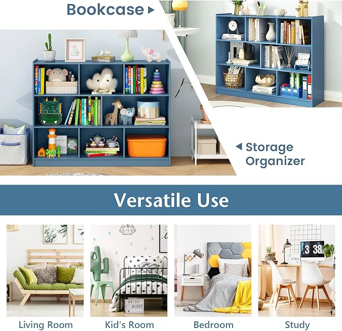 KOTEK Toy Storage Organizer, 5 Cubby Kids Bookshelf, Wooden 3-Tier Bookcase Storage Cabinet, Open Display Book Shelf for Daycare, Nursery, School Classroom, Living Room (Blue, 8 Cubes)