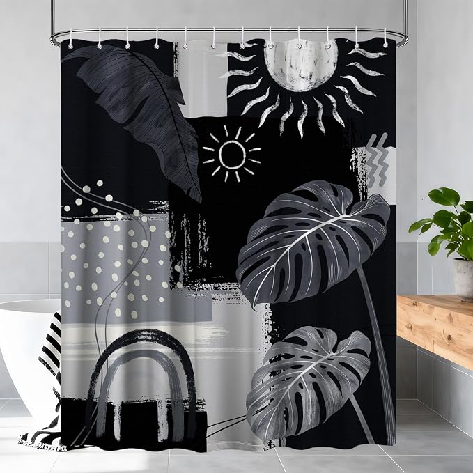 Black and Gray Mid Century Modern Shower Curtain Bohemian Abstract Dark Black and Grey Shower Curtains for Bathroom Decor Sets, Waterproof Cloth Fabric with Hooks, 70x78 Inch