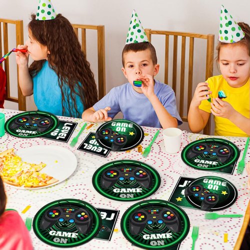 Skiennix 96 Pcs Gaming Party Tableware Set - Green Video Game Plates & Napkins for 24 Guests