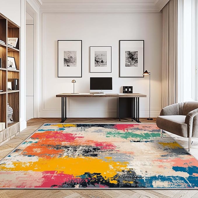 9x12 Colorful Area Rug Modern Abstract Beige Orange Yellow Pink Blue Black White Grey Rug Bedroom Low Pile Thin Large Carpet Living Room Non Slip Dining Room Stain Resistant Office Washable Machine
