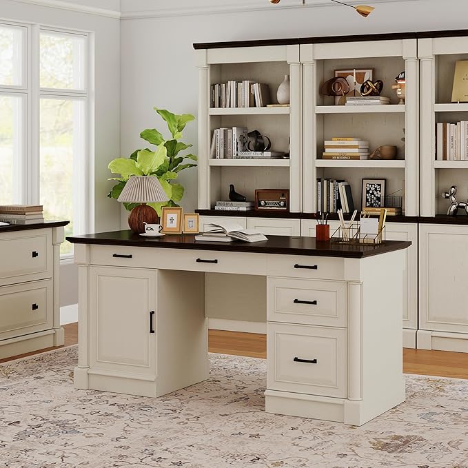 61.85″ Executive Desk with Roman Column Design, Large Boss Office Desk 3 Drawers incl. File Drawer, Keyboard Tray, Cabinet Shelf with Door, White with Brown Desktop
