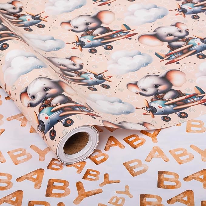 Altarho Reversible Baby Elephant Wrapping Paper Roll For Kids Boys Girls Elephant in Airplane with Baby Words Design Gift Wrap Sheets for Neutral Baby Shower Birthday Party Decoration Total 28.5sq.ft