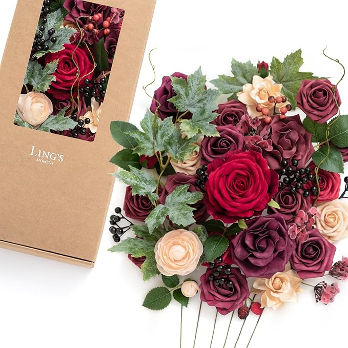 Ling's moment Fake Flowers Box, Faux Greenery Stems Silk Rose Artificial Ranunculus Foam Gardenia for Wedding Bouquets Centerpieces Table Decorations Floral Arrangement, Bordeaux Red, Deluxe Combo