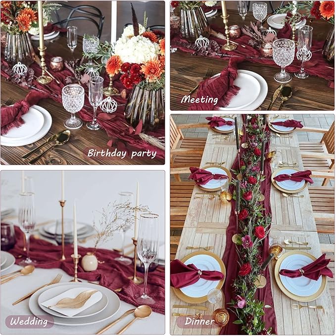 12 Pack Cheesecloth Table Runner 35x72 Inch Boho Gauze Table Runner Rustic Cheese Cloth Long Romantic Table Runners for Wedding Bridal Shower Birthday Party Table Decor (Burgundy)