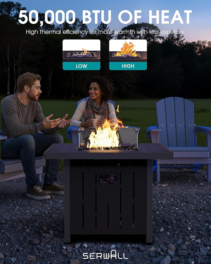 SERWALL 33" Outdoor Fire Pit Table, 50,000 BTU Square Propane Fire Pit Table with Lid, Glass Rock & Glass Wind Guard, HDPE Outdoor Furniture for Patio, Garden, Backyard, Black