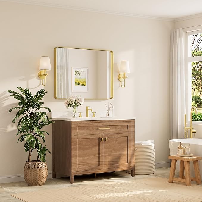 TETOTE 40 x 30 Inch Gold Bathroom Mirror, Brushed Brass Metal Frame Mirror for Vanity, Rectangle Wall Mounted Golden Modern Mirror (Horizontal/Vertical)