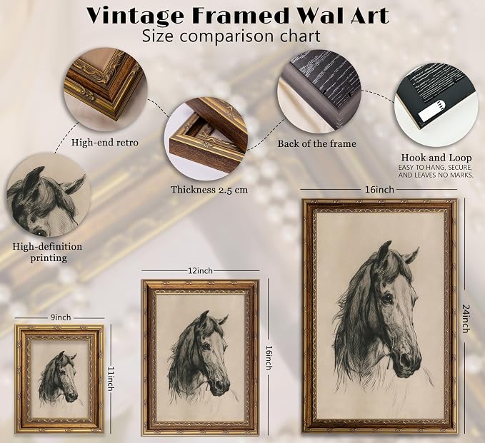 Vintage Gold Framed Horse Sketch Canvas Wall Art Retro Horse Wall Decor Vintage Farmhouse Animals Sketch Print Artwork Retro Rustic painting Picture for Farmhouse Bedroom Living Room 16X24in