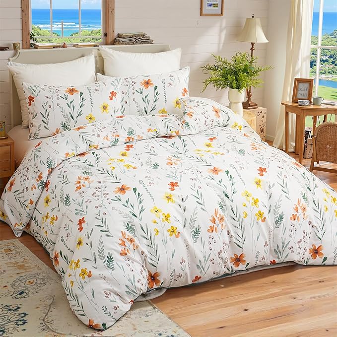 Floral Duvet Cover King Size, 100% Nature Cotton 3 Pcs Garden Floral Aesthetic Bedding Set with Zipper Closure Ultra Soft&Breathable Cottagecore Botanical Duvet Cover Set