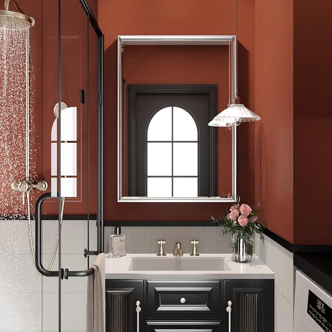 Silver Bathroom Mirror, 22x30 Inch Beveled Rectangle Wall Mounted Mirror, Anti-Rust Silver Metal Framed Vanity Mirror (Vertical/Horizontal)
