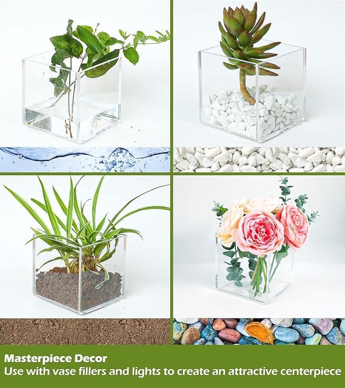 Kamehame Clear Acrylic Vase, 6"x6"x6" Wide Vase for Centerpieces, Succulent Pots Planters, Floral Square Cube Flower Vases for Home Office Wedding Decor