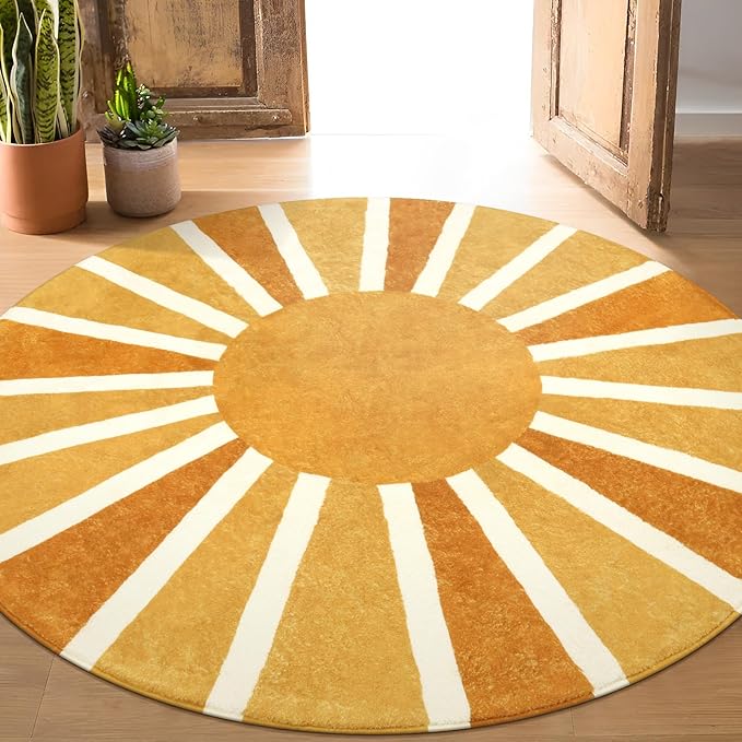Lahome Round Rug 7Ft Round Area Rug for Living Room, Washable Throw Soft Boho Round Rug Large Non-Slip Untra-Thin Round Dining Room Rug, Cute Rainbow Sun Print Floor Round Carpet for Bedroom Nursery