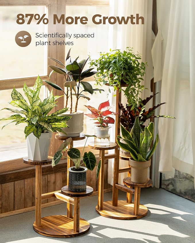 Bamworld Plant Stand Indoor Plant Shelf 4 Tier Wood Plant Stand for Multiple Plants, Tall Corner Plant Stands for Outdoor Round Flower Stand Plant Holder for Living Room Patio Garden Balcony