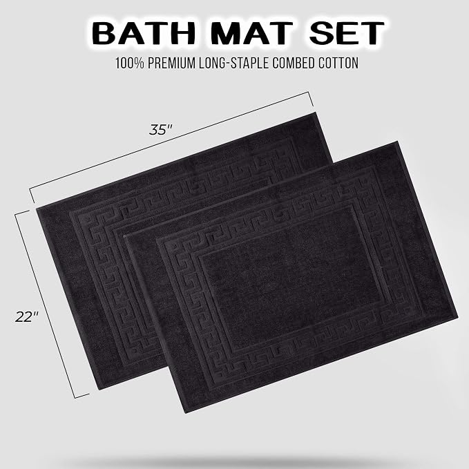 Superior Heavyweight Cotton Bath Mats, Bath Rugs For Bathroom Accessories, Washable Rug For Shower, Bath, Toilet, Modern Decor, No Backing, Luxury Hotel And Spa Quality, Set of 2, 22" x 35", Black