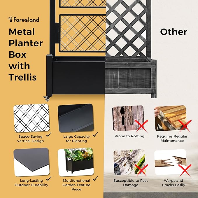 Metal Planter Box with Trellis and Wheels, 72"x46"x16" Large Outdoor Garden Planter for Climbing Plants, Vegetables & Vines, Includes Drainage Holes and Privacy Screen, Black