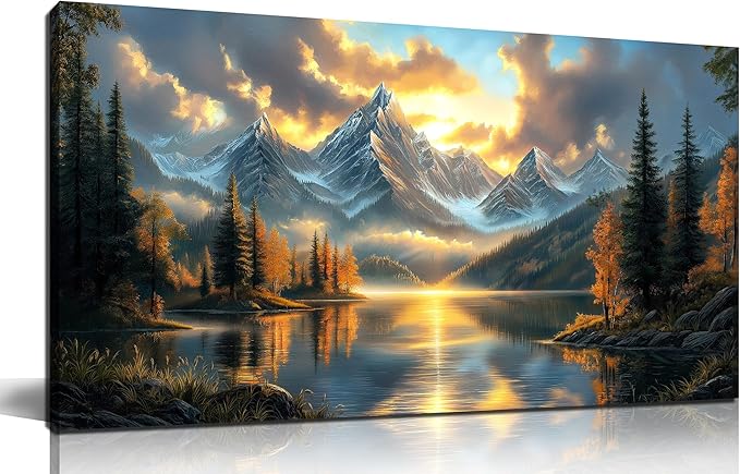 JuhaiArt Lake Picture Art Mountain Landscape Nature Wall Decorations Scenery Canvas Wall Art for Bedroom Office Gold Sunset Poster Artwork 20"x 40"