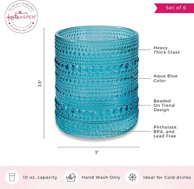 Kate Aspen Hobnail Beaded Drinking Glasses Vintage Glassware Set | Cocktail Glass Set, Juice Glass, Water Cups | Makes A Great Hostess Gift, Gift for Newlyweds (Aqua Blue)