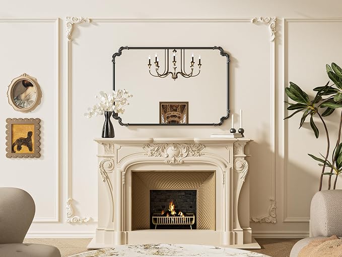 TETOTE Vintage Antique Black Rectangle Mirror for Mantle Fireplace 48 x 32 Traditional Baroque Ornate Scroll Wall Mirror with Metal Frame for Living Room Bedroom, Horizontal/Vertical