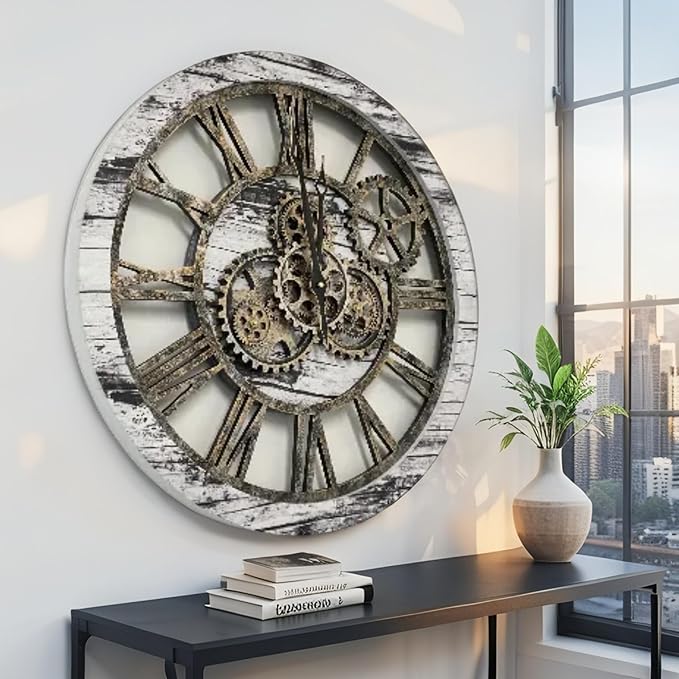 ImprovingLife The Gears Clock The Original Real Moving Gear Wall Clock Vintage Industrial Oversized Rustic Farmhouse (24 inch (60cm), Vintage Grey and White)