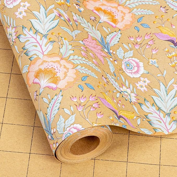 Merture Vintage Kraft Floral Wrapping Paper Roll - 17 In X 32.8 Ft(46.5 sqft) Vibrant Flower Design Gift Wrap for Mothers Day, Valentines Day, Birthday, Wedding, Anniversary, Bridal Shower