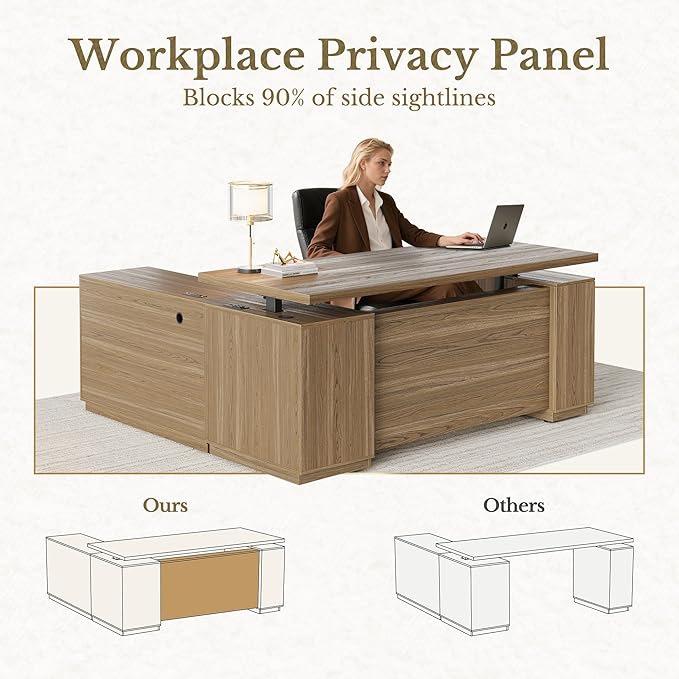 70 Inch Executive Standing Desk with File Cabinet, L Shaped Electric Height Adjustable Desk with AC/USB and Privacy Panel, Computer Corner Table for Home Office, Natural Oak
