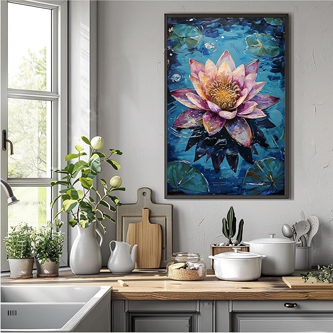 Gorgeous pink and purple water lilies on deep blue water Eye-catching oil painting Serene aquatic wall art for modern home decor 20x30in Metal blackFramed