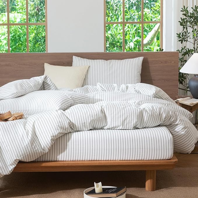 MooMee Striped Duvet Cover Set 100% Washed Cotton Linen Like Textured Breathable Durable Soft Comfy (White Heathered Green Wide Stripes, Queen 90"x90")