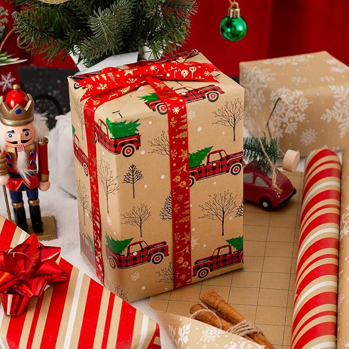 MAYPLUSS Christmas Wrapping Paper Roll - Mini Roll - 17in x 120in - Christmas Kraft Paper White Snowflake Red Truck, Stripe for Party, Birthday, Wedding, Anniversary (42.3 sqft)