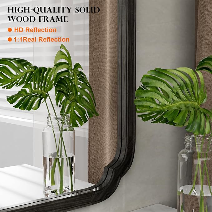 WallBeyond 20" x 30" Rounded Corner Arch Wall Mirror with Wood Frame for Entryway, Living Room or Bedroom Home Decor - Light Woodgrain [20" x 30" Black]
