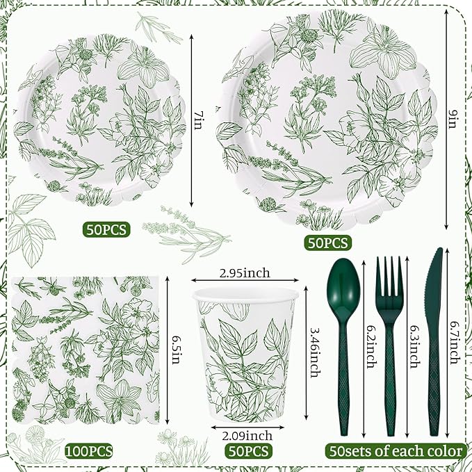 Havawish 400 Pcs Sage Green Disposable Tableware Set Greenery Floral Paper Plates Napkins Sage Serve Scalloped Plates Paper Napkins Cups Plastic Spoons Forks Knives for Wedding Tea Party Baby Shower