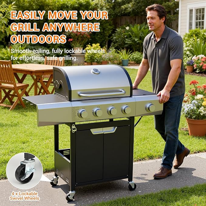 EUHOME Upgraded 51,000 BTU Stainless Steel Burner Barbecue Grill, 4 Burner BBQ Propane Gas Grill with Side Burner, 452 sq.in Cooking Area with Porcelain for Patio, Camping, Outdoor Cooking