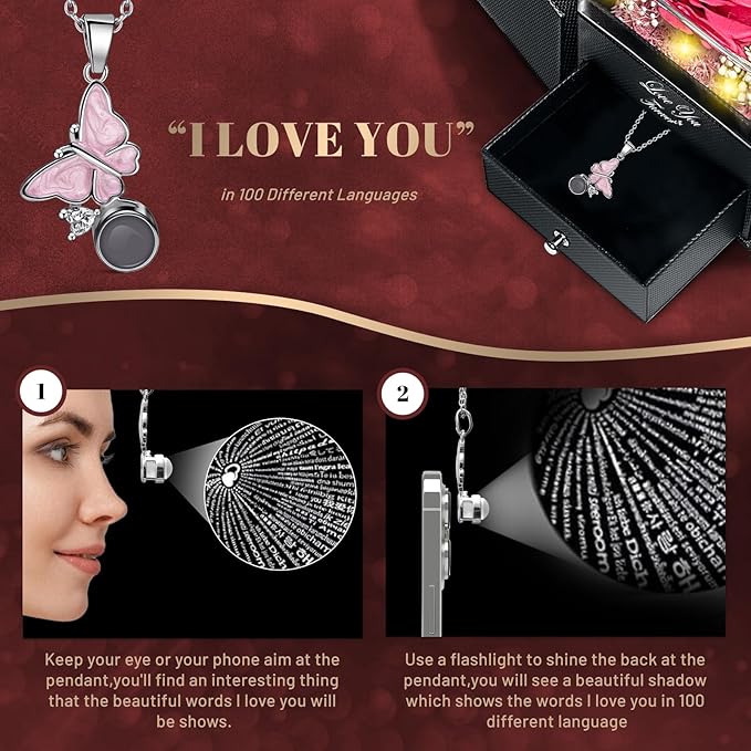 DRTINA Preserved Pink Real Rose with I Love You Butterfly Necklace-Eternal Flowers Rose Birthday Gifts for Women Wife Mom Girlfriend Grandma on Mothers Day Valentines Anniversary Christmas Romantic