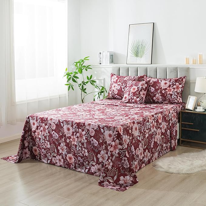 FADFAY Floral Sheets Set King Vintage Red Floral Bedding Shabby Pink Rose Elegant Peony Sheets Rustic Farmhouse Bedding 800 Thread Count 100% Egyptian Cotton Deep Pocket Fitted Sheet 4Pcs, King Size