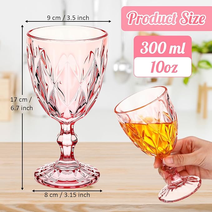 Yinder Glass Goblet Vintage Wine Goblet Embossed Glassware 10 oz Solid Color Glass Stemmed Cups for Iced Tea Beverage Soda Juice Water Liquor and Party Wedding Bars Restaurants(Pink,6 Pack)