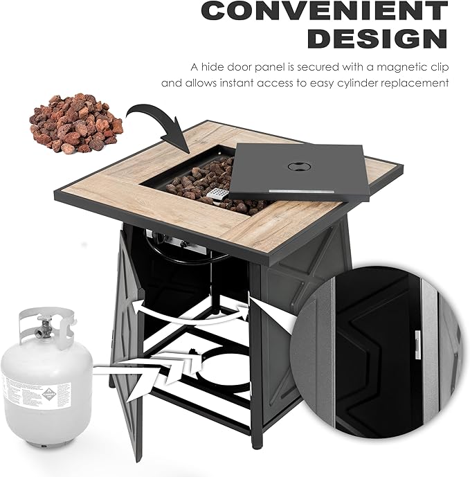 Nuu Garden 28 Inch Outdoor Propane Fire Pit Table, 50,000 BTU Square Gas Fire Table with Ceramic Tabletop, Lid, Cover, Lava Rock for Garden Backyard Party, Black