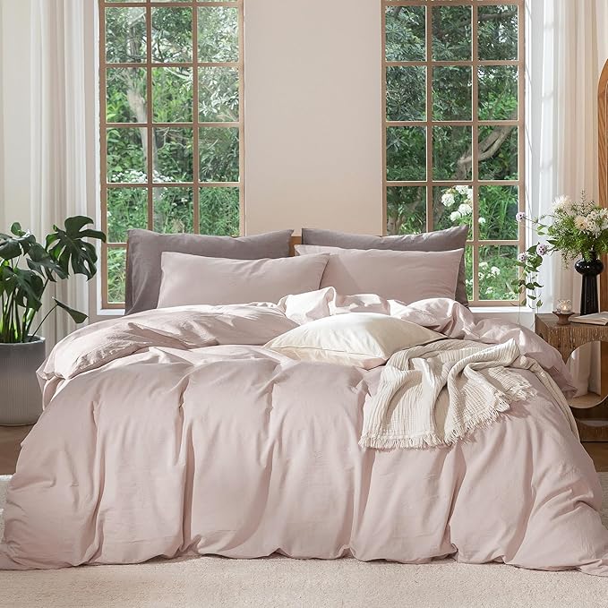 MooMee Bedding Duvet Cover Set 100% Washed Cotton Linen Like Textured Breathable Durable Soft Comfy (Heathered Greyish Pink, Cal King 104"x98")