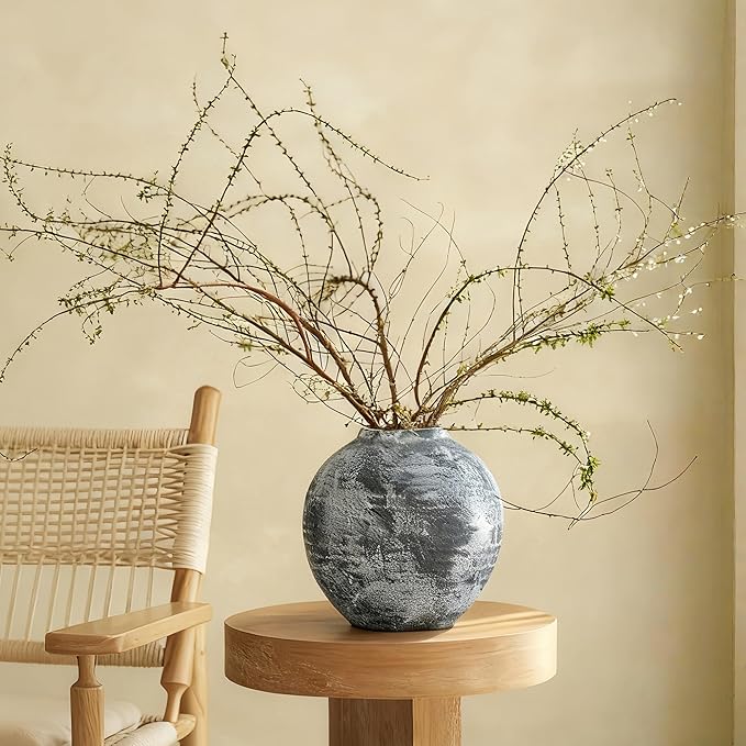 Farmhouse Rustic Ceramic Vase, 6.5 inch Gray-White Handcrafted Weathered Stone Pottery Terracotta Vintage Vases for Home Decor Living Room Table Shelf Decorative (Round - B)