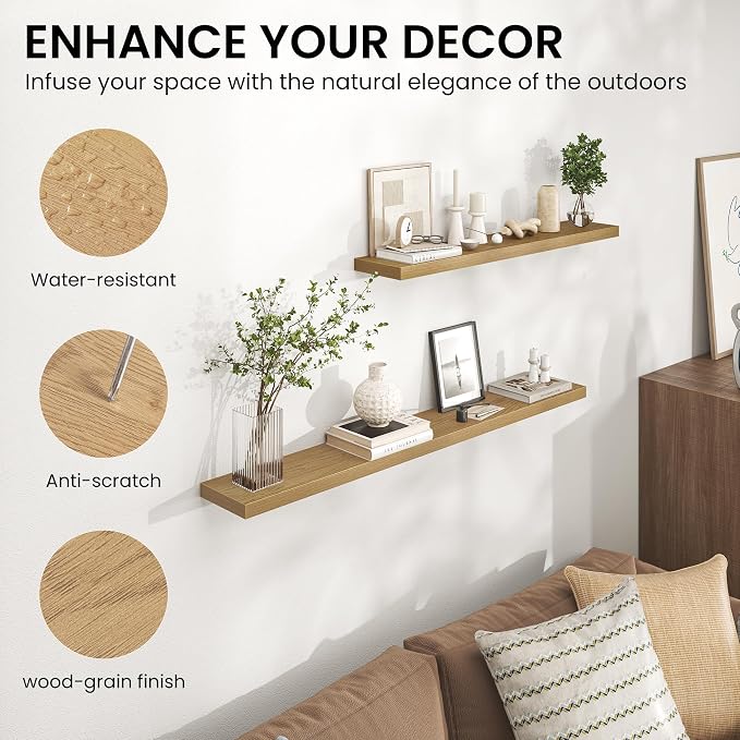Heimlove 55 Inch Floating Shelves for Wall,Extra Long Mounted Storage wall Shelves with Invisible Metal Bracket for Bedroom Living Room Kitchen Office Set of 2,Oak Color