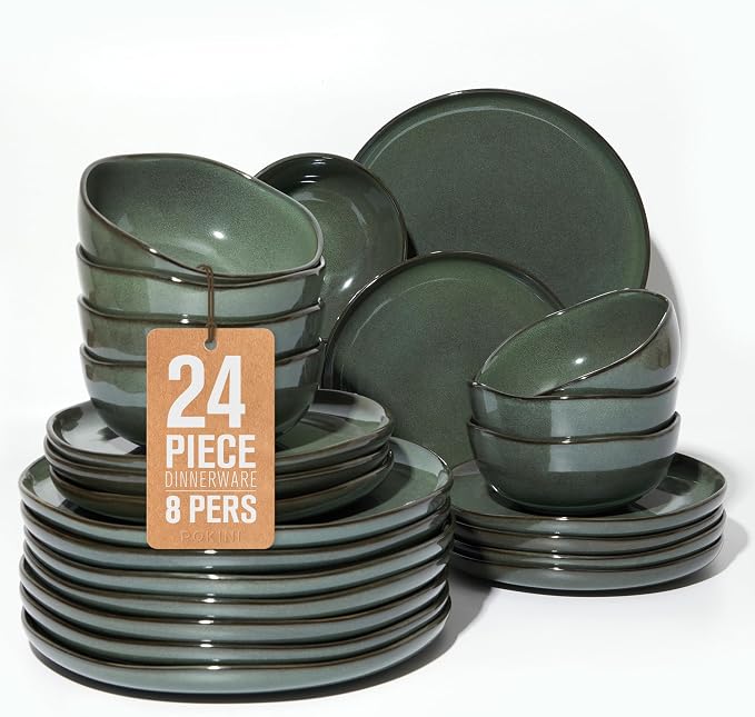 Pokini Large Holiday Dinnerware Sets for 8, Ceramic Plates and Bowls Set, Kitchen Dish Set, Microwave & Dishwasher Safe Dishware, Perfect for Christmas & Thanksgiving, Forest Green