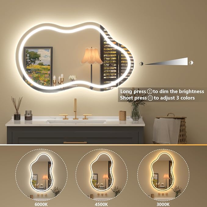 Irregular Led Bathroom Mirror with Lights 20x32 Inch, Asymmetrical Cloud Lighted Vanity Mirror for Wall, Anti-Fog, Dimmable, Memory, 3 Colors, Shatterproof (Horizontal/Vertical)