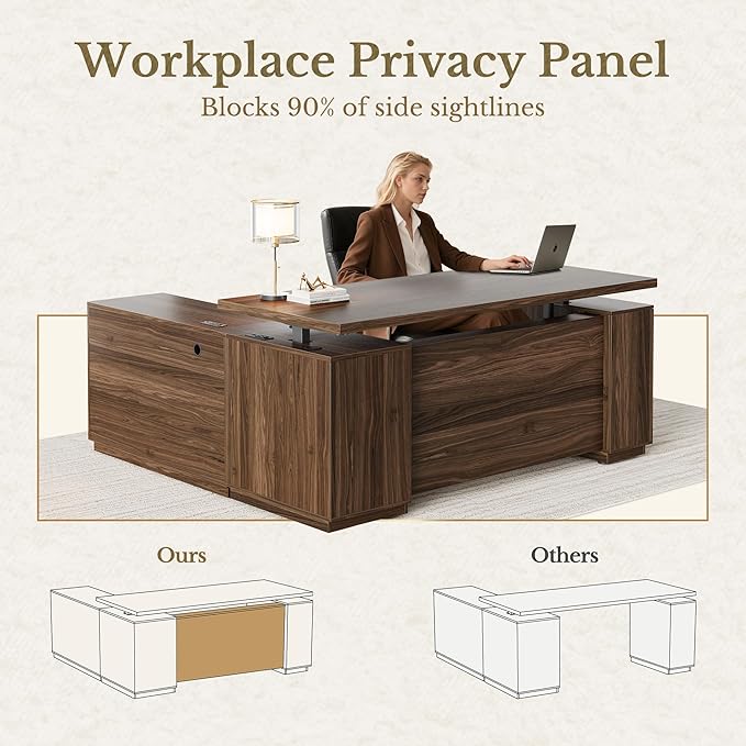 Standing Desk with File Cabinet, 70 Inch L Shaped Electric Height Adjustable Executive Desk with AC/USB and Privacy Panel, Computer Corner Table for Home Office, Black Walnut