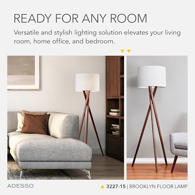 Adesso Floor Lamp with Walnut Tripod Base and White Linen Lampshade – Lamp for Bedroom, Living Room, and House Décor, 63” x 20”