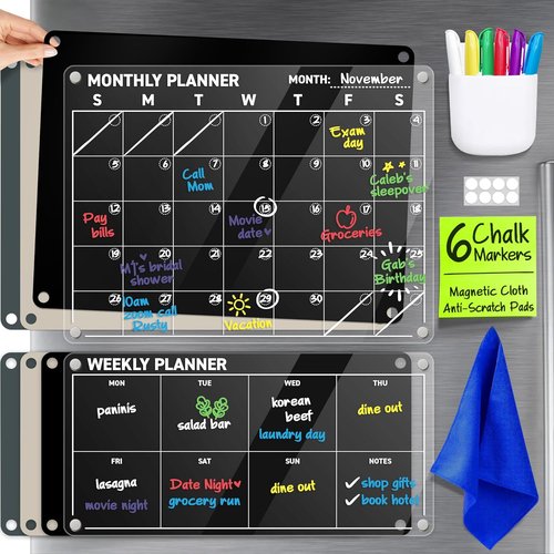 Skiennix Acrylic Calendar for Fridge - Magnetic Dry Erase Planning Board Set | 2-Piece with 6 Chalk Markers & 3 Backgrounds