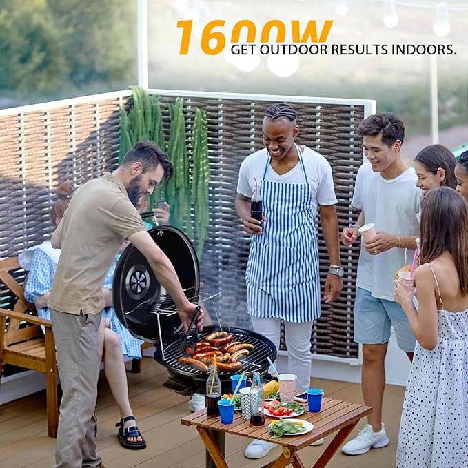 Electric Grill, Techwood Indoor/Outdoor Electric BBQ Grill, 1600W Portable Removable Stand Grill with Adjustable Heat & Drip Tray, Double Layer Design for Party, Patio & Backyard (Black)