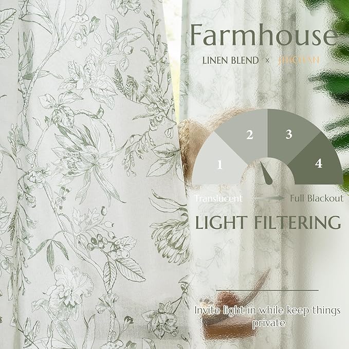 jinchan Floral Curtains 96 Inches Long Sage Green Flower Linen Farmhouse Curtain for Living Room French Country Vintage Curtain Rod Pocket Curtains Set 2 Panels Floral Printed