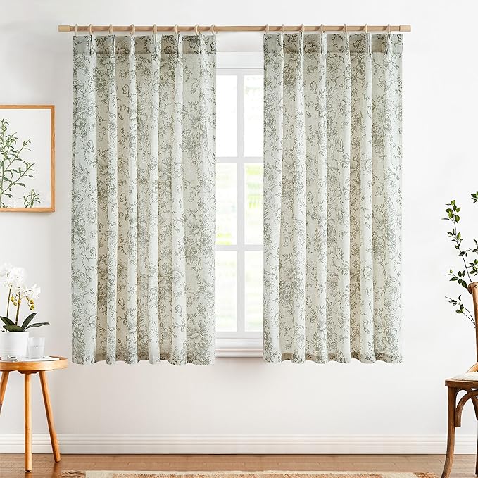 jinachan Pinch Pleated Curtains Floral Linen Blend Curtains for Living Room 63 Inch Length Christmas Green Peony Flower Printed Curtain Rod Pocket Back Tab Farmhouse Drapes with Hooks Set 2 Panels