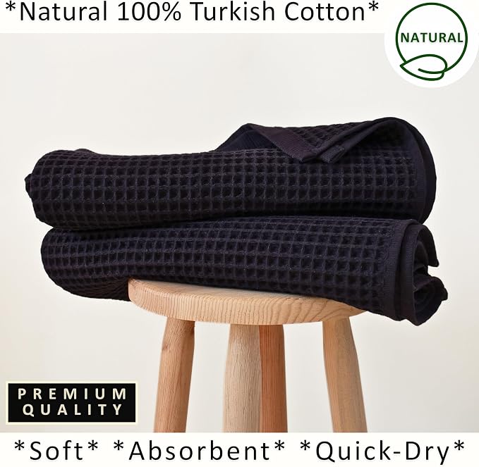 PÜSKÜL Natural 100% Turkish Cotton Black Waffle Bath Towels Set of 2-Piece | 32x63 Extra Large Absorbent Quick-Dry Lightweight Spa Towel | Decorative Bathroom Towel (Black Bath Towels - Pack of 2)