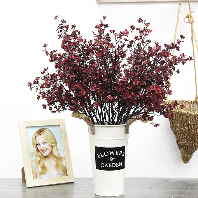 JAKY-Global Babys Breath Silk Artificial Flowers Bulk w/Vase 10pcs Fall Decor Fake Flower Bouquet Bulk Home Kitchen Indoor Bouquet Floral Arrangement Table Centerpieces Decor(Burgundy Red)